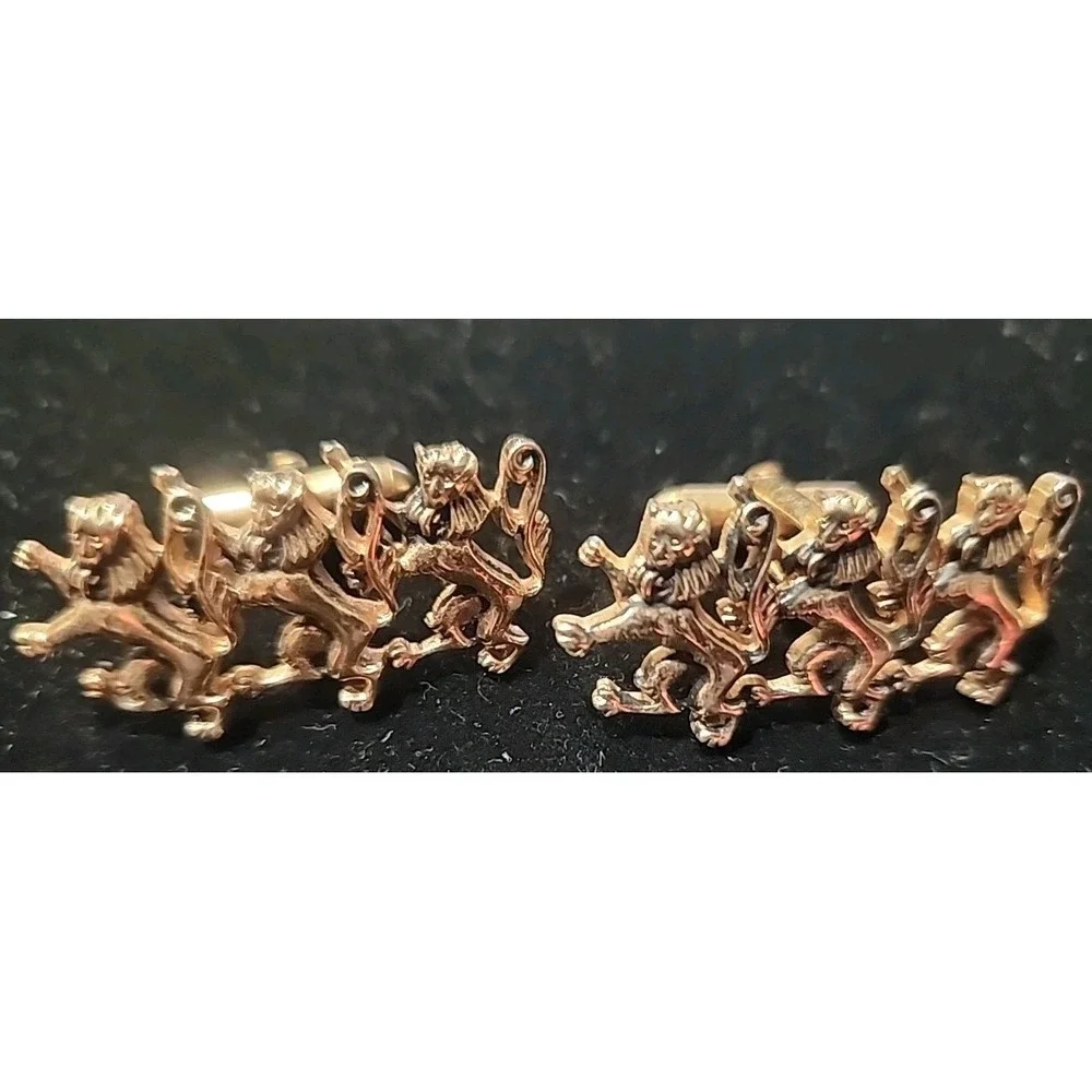 Vintage 3‎ Dancing Gold Tone Lions Cufflinks By SWANK